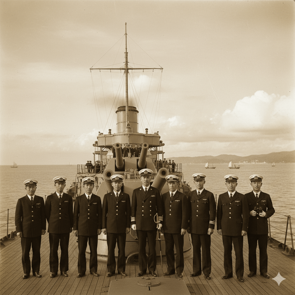 Illustration of Japanese navy personnel eating curry rice on a ship