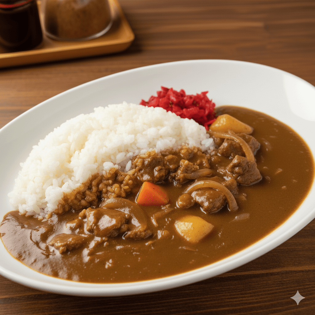 Infographic showing features of Japanese curry: thick texture, standard ingredients (onion, potato, carrot), savory-sweet flavor, served with rice.