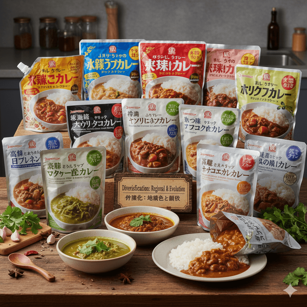 A montage of different modern Japanese curry styles like Katsu and Soup Curry